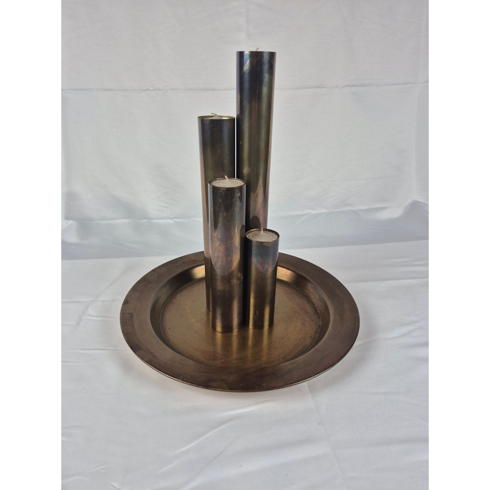 Vintage Taiwan Brass Clad Candle Holder Set Brutalist MCM Centerpiece
5 Pieces